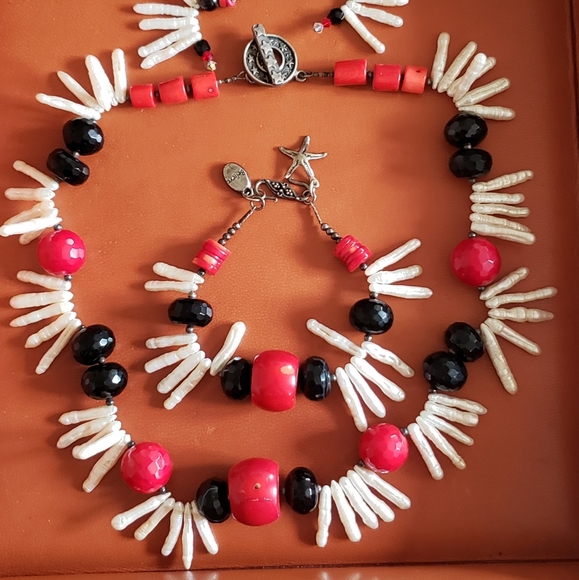 Biwa Pearl Coral and Jet Sterling Silver Set - Picture 1 of 4